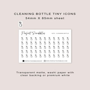 Stickers pour agenda petite icône FLACON DE NETTOYAGE | Minimal | Feuille au format carte de crédit | Transparent mat | Washi