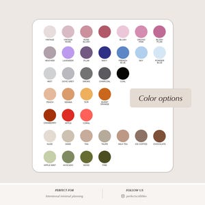 May include: A color chart featuring a grid of circular swatches in various shades including vintage, rose blush, navy, charcoal, peach, cranberry, and moss. Each circle is labeled with its corresponding color name. A box labeled Color options is present.