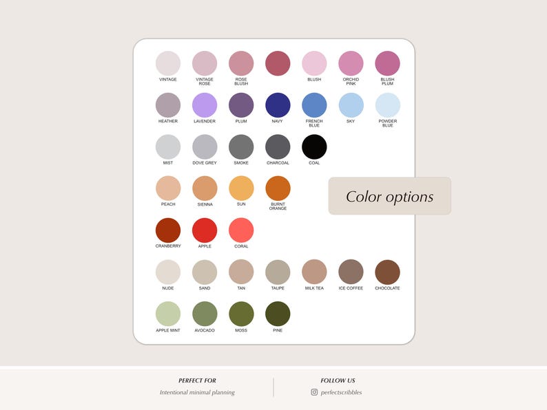 May include: A color chart featuring a grid of circular swatches in various shades including vintage, rose blush, navy, charcoal, peach, cranberry, and moss. Each circle is labeled with its corresponding color name. A box labeled Color options is present.
