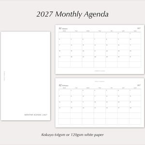 Puede incluir: Una agenda mensual 2027 impresa en papel blanco. El conjunto incluye una página de portada vertical con el texto 2027 Monthly Agenda y dos páginas de calendario horizontales para enero y febrero de 2027, con una cuadrícula para las fechas.