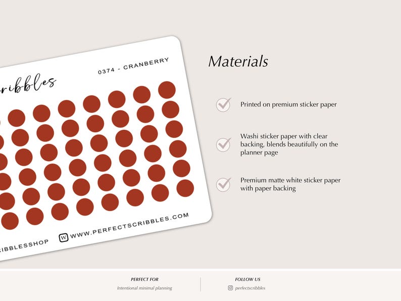 May include: A white sticker sheet featuring rows of small, solid cranberry-colored circular stickers. The sheet includes the text 0374 - CRANBERRY, scribbles, and WWW.PERFECTSCRIBBLES.COM. The right side lists materials with checkmarks for paper types.