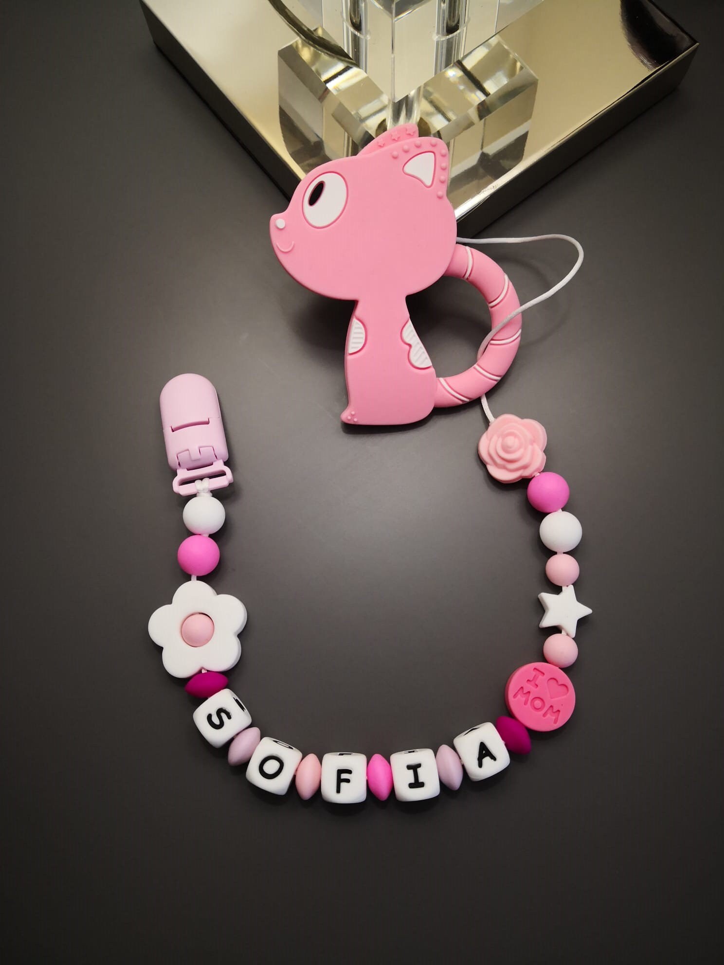 Pacifier holder chain with name and massage gums in silicone Etsy