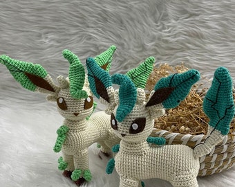Leafeon Crochet Doll, Pokemon Eevee Amigurumi Toy, Gift for Him, Gift for Her