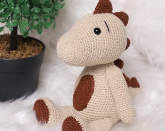 Adorable Brown Dinosaur Crochet Amigurumi Doll Toy, Nursery Decor and Baby Gift