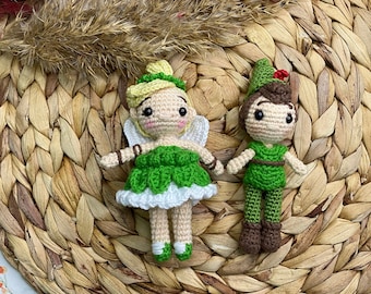 Mini Peter Pan and Tinker Bell Crochet Amigurumi Toy Doll, Cartoon Movie Plush Accessory, Gift For Him, Gift for Her