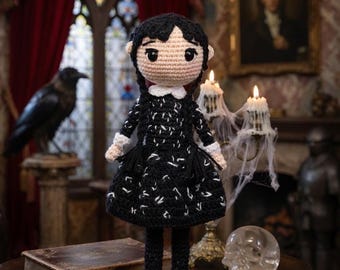 Wednesday Addams Family Crochet Amigurumi Toy Doll, Cartoon Movie Plush Accessory, Gift For Him, Gift for Her