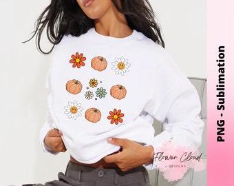 Flores de outono retrô abóbora PNG, sublimação de camisa de outono envelhecida, design de outono grunge, arquivo de impressão de mamãe de vibrações de outono