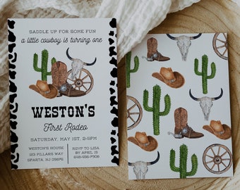 1a plantilla de invitación de cumpleaños de Rodeo Boy, invitación a la primera fiesta de cumpleaños de vaquero, plantilla de invitación editable occidental, primer rodeo de niño