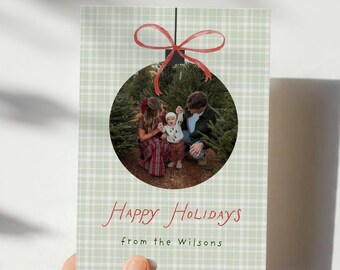 Whimsical Gingham Christmas Card Template, Ornament Family Photo Holiday Card, Editable Canva Holiday Card, Vintage Christmas Card Template