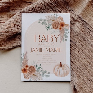A Baby Pumpkin is On The Way, Pumpkin Baby Shower, Pink Pumpkin Baby Shower Invitation, Fall Baby Shower Invitation Template, Fall Floral