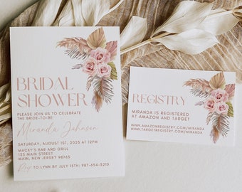 Bridal Shower Invitation Template, Pampas Bridal Shower Invitation, Boho Bridal Shower Invitation, Pink Bridal Shower, Bridal Shower Invite