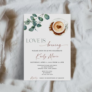 Bewerkbare bruidsbrunchuitnodiging, liefde brouwt, koffie bruidsdouche uitnodigingssjabloon, bruidsontbijtuitnodiging, koffie met de bruid