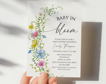 Plantilla de invitación para baby shower "Baby in Bloom", Plantilla de invitación para baby shower "Baby in Bloom" con diseño floral de primavera, Invitación para baby shower "Baby in Bloom"