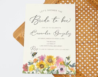 Modello modificabile di invito da sposa a ape, invito a nozze con fiori di campo, invito a nozze con api, brunch nuziale con api di miele, addio al nubilato con fiori di campo