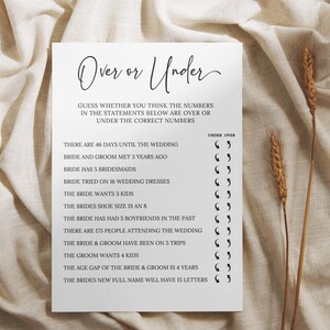 Over or Under Bridal Shower Game, Minimalist Over or Under Bridal ...