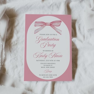 Editable Graduation Invitation Template, Pink Bow Graduation Invitation, Coquette Pink Bow Graduation Invite, Graduation Party Invitation