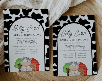 Holy Cow I'm One Birthday Invitation, Cow Print Birthday Invitation Template, Cow Invite, Farm Birthday, Editable Digital Download