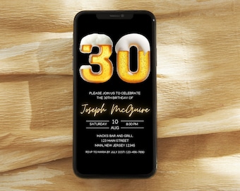 Modèle numérique d'invitation de 30e anniversaire, faire-part de 30e anniversaire sur le thème de la bière, invitation de message texte pour le 30e anniversaire, acclamations et bières