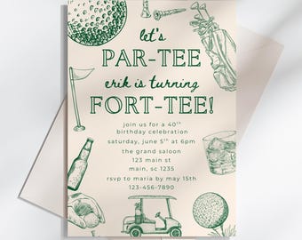 Plantilla de invitación de cumpleaños número 40 con temática de golf, invitación de cumpleaños con temática de golf y tee, plantilla de invitación de golf editable, invitación de texto para el 40 cumpleaños de un hombre con temática de golf.