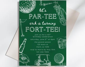 Plantilla de invitación de cumpleaños número 40 con temática de golf, invitación de cumpleaños con temática de golf y tee, plantilla de invitación de golf editable, invitación de texto para el 40 cumpleaños de un hombre con temática de golf.