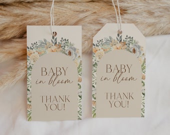 Plantilla editable de etiquetas de agradecimiento de bebé en floración, decoración de ducha de bebé en floración, baby shower de flores silvestres, bebé en floración, decoración de novia en floración