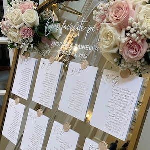 Modelo de cartões de assento alfabéticos, cartões de assento de casamento elegantes, cartões de assento modernos, modelo de cartões de assento, modelo de cartões de mesa 5x7