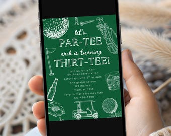 Plantilla de invitación de cumpleaños número 30 para golfistas, Invitación de cumpleaños número 30 para golfistas, Plantilla de invitación de golf editable, Invitación de texto de cumpleaños número 30 para golfistas masculinos