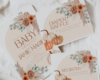 Paquete de invitación de baby shower de otoño, conjunto de invitación de baby shower de otoño, tarjeta de registro, tarjeta de rifa de pañales, plantilla editable, una pequeña calabaza