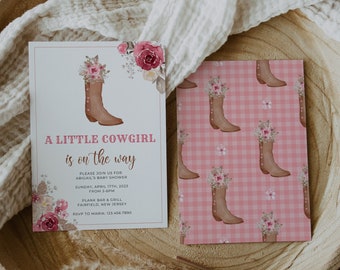 May include: A pink and white gingham pattern with brown cowboy boots and pink flowers. The text on the card reads "A Little Cowgirl is on the way. Please join us for Abigail's Baby Shower. Sunday, April 17th, 2023 from 3-4pm. Plank Bar & Grill, Fairfield, New Jersey. RSVP to Maria 123 456 7890"