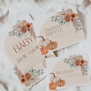 Pakiet zaproszeń na jesienny baby shower, Zestaw zaproszeń na jesienny baby shower, Karta rejestru, Karta losowania pieluch, Szablon edytowalny, Mała dynia