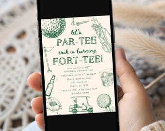 Plantilla de invitación de cumpleaños número 40 con temática de golf, invitación de cumpleaños con temática de golf y tee, plantilla de invitación de golf editable, invitación de texto para el 40 cumpleaños de un hombre con temática de golf.