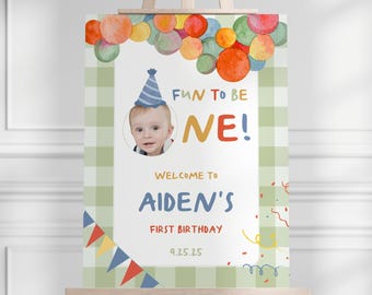 Fun to Be One Birthday Welcome Sign Template, Digital Fun to Be One First Birthday, Colorful First Birthday Editable Welcome Sign Download