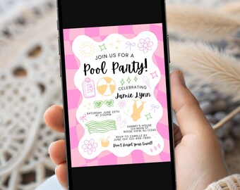 Editable Pool Party Invitation, Teen Girl Birthday Digital Evite (5x7 Template)