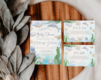 May include: A set of three baby shower invitations with a nautical theme. The invitations are decorated with watercolor illustrations of sea creatures, including a dolphin, a whale, a jellyfish, a crab, a starfish, and a sea turtle. The text on the invitations reads "Please join us for a Baby Shower honoring the mommy to be Mackenzie Johnson. Saturday, May 5 from 12PM-4PM. The Brassrail, Hoboken, New Jersey. RSVP to Donna by April 15th, 123-456-6789. Books for Baby. One small request, we would love for you to bring a book instead of a card. Please bring a book most of a new baby will cherish the book, will be loved for many years to come.  We will cherish the book, will be loved for many years to come.  Duper Riffle. A bundle of joy is on the way. Please join us for a diaper raffle.  Please bring a pack of diapers in any size.  Please bring a pack of diapers in any size.  Name."