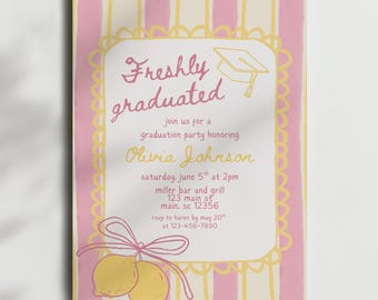 Plantilla de invitación de graduación con diseño de cítricos dibujada a mano, invitación de fiesta de graduación dibujada a mano, invitación editable para fiesta de graduación de chica.