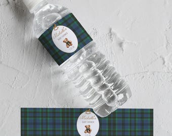 Plantilla de etiqueta para botella de agua de baby shower estilo polo, decoración de baby shower con osito de peluche estilo Ralph Lauren, descarga digital de cuadros escoceses estilo ecuestre