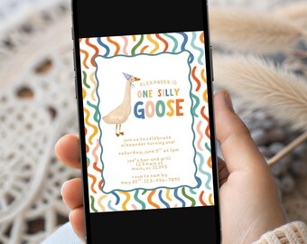 Un ganso tonto, colorido, invitación digital para el primer cumpleaños, editable. Plantilla de invitación digital para el primer cumpleaños de un ganso tonto.