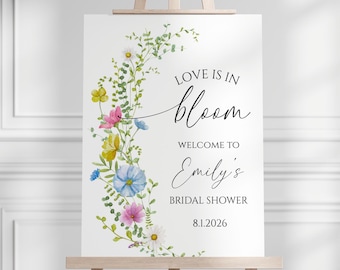 Plantilla de cartel de bienvenida para despedida de soltera "El amor está en flor", cartel floral "El amor está en flor" para despedida de soltera de primavera, cartel de bienvenida para despedida de soltera "El amor está en flor"