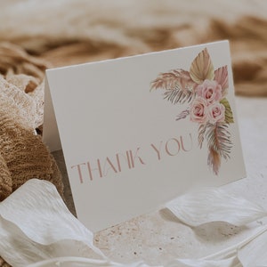 Bearbeitbare Boho Pampas Dankeschön-Kartenvorlage, rosa Blumen Dankeschön-Kartenvorlage, Brautparty-Dankeskarte, Babyparty-Dankeschön-Karte