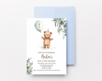 Vegetación editable CUALQUIER EDAD Invitación de cumpleaños del oso Beary Primer cumpleaños Osito de peluche Invitación neutral Plantilla de invitación imprimible minimalista Boho