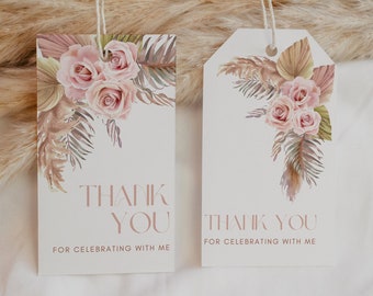 May include: Two white thank you tags with a floral design. The design features pink roses and brown leaves. The text on the tags reads "Thank You for celebrating with me".