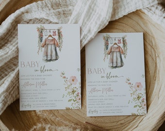 Boho Wildflower Baby Shower Invite Bundle, Wildflower Baby Shower Invitation Template, Baby in Bloom, Editable Baby Shower Invitation