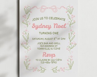 Pink Bow Whimsical First Birthday Invitation, Floral Pink Bow First Birthday Party, Garden Party, Digital Download, Canva Template
