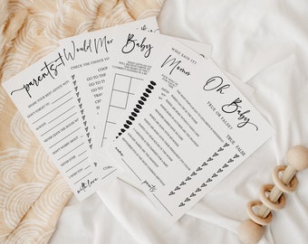 May include: Three printable baby shower game cards with black text on white paper. The cards are titled "Parents Would More", "Baby Memes", and "Oh Baby".