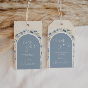 Baby in Bloom, Boy Baby in Bloom Baby Shower, Baby in Bloom szablon etykiety upominkowej, etykieta z podziękowaniami Baby Shower, Blue Floral Baby Shower, edytowalny