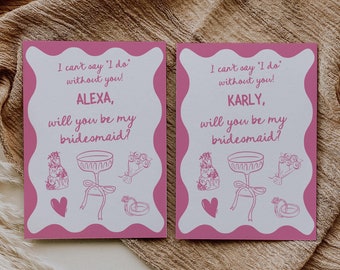 Propuesta de dama de honor, tarjeta de propuesta de dama de honor dibujada a mano editable, tarjeta de dama de honor, plantilla para fiesta nupcial, tarjeta de propuesta para fiesta nupcial