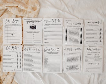 May include: A set of printable baby shower games with titles such as "Baby Bingo", "Oh Baby", "Parents to Be", "Mummy or Daddy", "Over or Under", "Twenty Questions About the Mum-to-Be", "Word Scramble", "Would Mummy Rather", and "Baby Predictions".