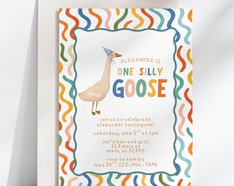 Plantilla de invitación de primer cumpleaños colorida de One Silly Goose Invitación de primer cumpleaños editable de One Silly Goose Cumpleaños colorido de One Silly Goose