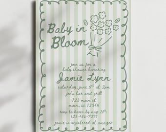 Plantilla de invitación para baby shower "Baby in Bloom", invitación para baby shower de primavera "Baby in Bloom" dibujada a mano con rayas, invitación para baby shower verde