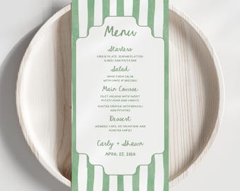Groen gestreepte bruiloftsmenusjabloon, bruiloftsmenusjabloon, groen bruiloftsmenu, klassieke elegante bruiloft of vrijgezellenfeest menusjabloon